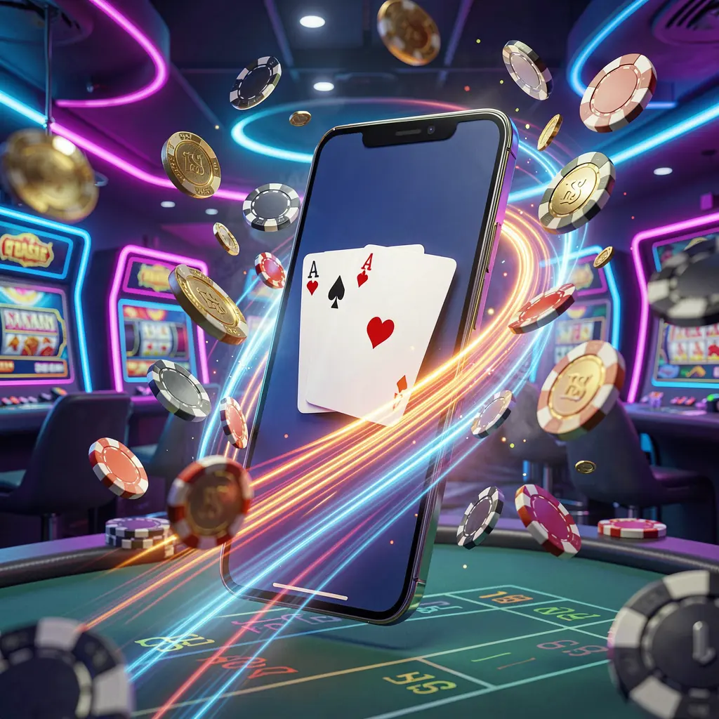 Smartphone displaying the 644VLP fast casino app with speed light trails, coins and chips flying around against a modern neon casino background in a dynamic 3D render
