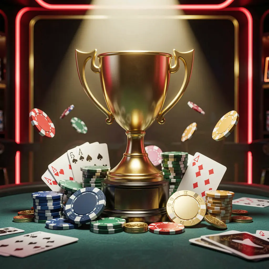 644VLP casino tournament bonus concept featuring a golden trophy surrounded by poker chips, playing cards, and coins under a bright spotlight in a competitive luxury casino atmosphere with dark background and red and gold neon accents