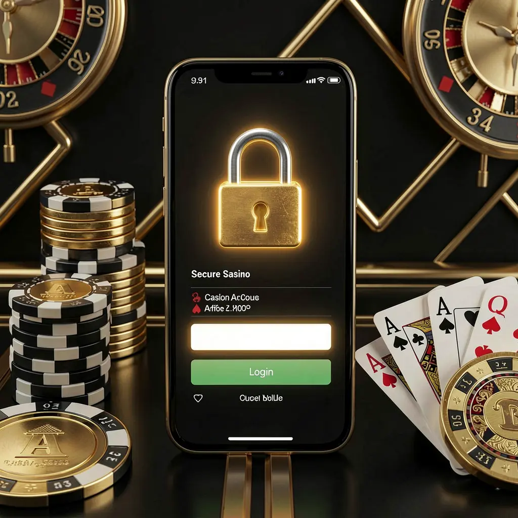 Secure casino account login concept featuring a glowing lock icon on a smartphone screen surrounded by poker chips, playing cards, and golden coins with an elegant black and gold background, showcasing 644VLP brand security