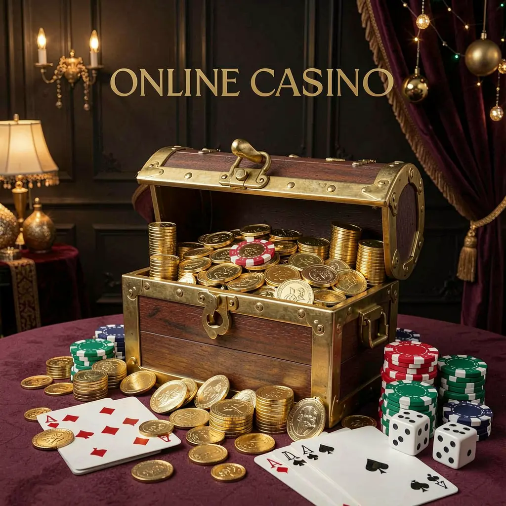 Online casino welcome banner featuring a treasure chest filled with golden coins and casino chips, playing cards and dice nearby, set against a dark luxury background with a festive premium atmosphere, showcasing the 644VLP brand